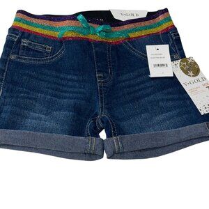 Girls V-Gold Denim Shorts With Rainbow Glitter Waistband & Adjustable Size 7